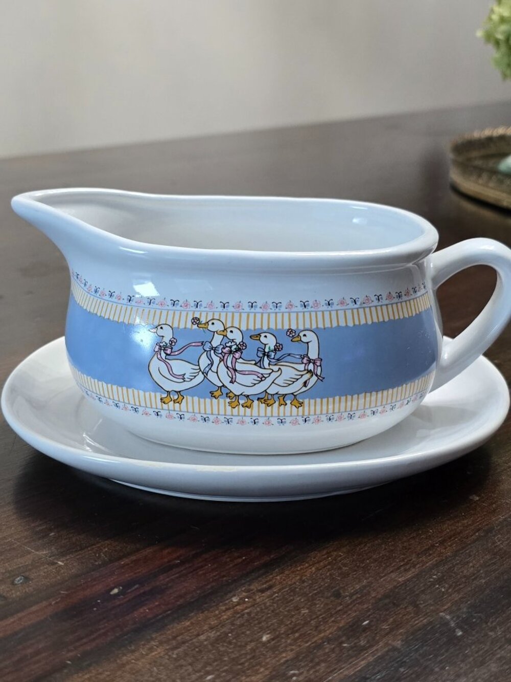 Vintage 1980s Ribbon Geese Ceramic Gravy Boat with Saucer